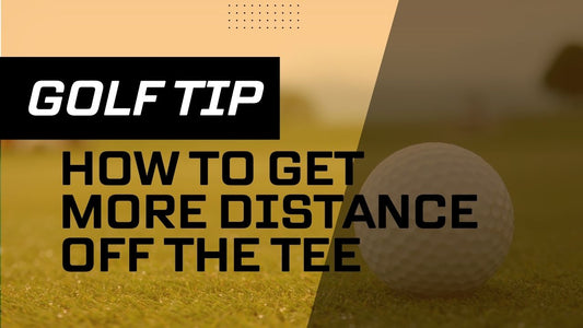 Close-up image of a golf ball on a putting green with overlaid text reading "Golf Tip: How to Get More Distance Off the Tee."
