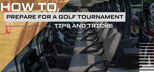 Image of golf carts lined up in a row and overlaid text "How to Prepare for a Golf Tournament: Tips and Tricks"
