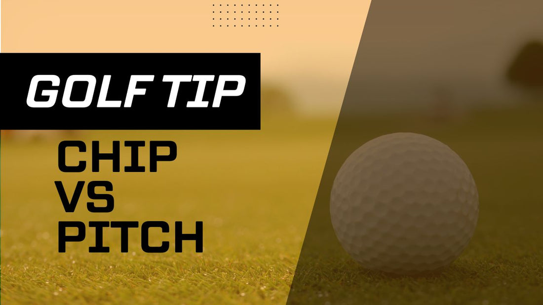 Close-up image of a golf ball on a putting green with text "Golf Tip: Chip vs Pitch"