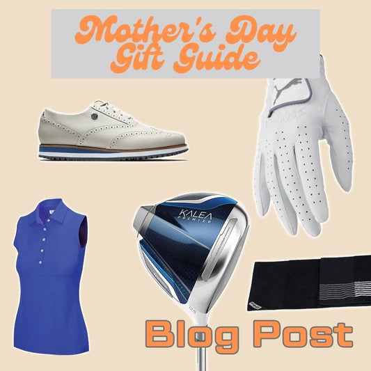 Hero image of an assortment of golf products on a beige background with text reading "Mother's Day Gift Guide"