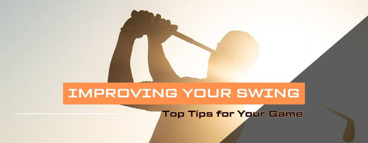 Close up silhouette of golfer mid swing and overlay text "Improving Your Swing: Top Tips for Your Game"