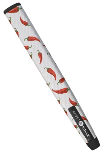 Product image of a Sweetrollz "Heat" golf putter grip covered with red chili pepper icons