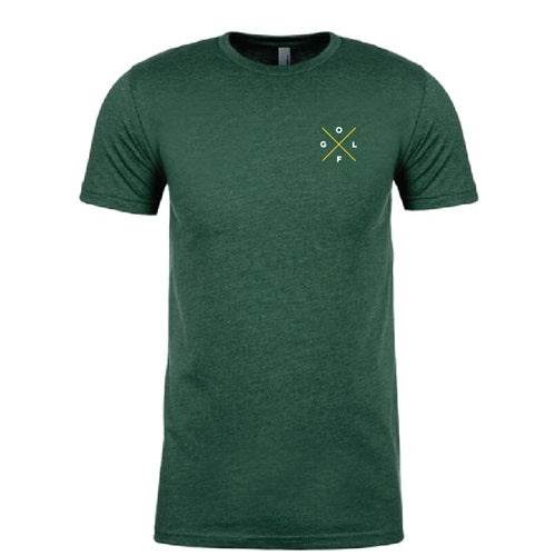 A green TaylorMade T-shirt with a logo that says "GOLF"