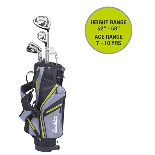 Golf set with clubs and bag on a white background, featuring height and age range information.