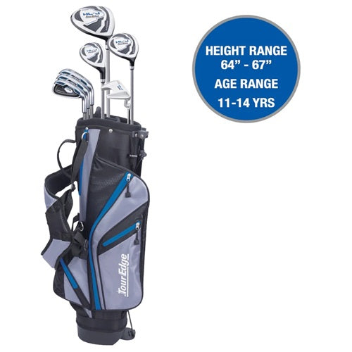 Golf set with clubs and bag on a white background, featuring height and age range information.