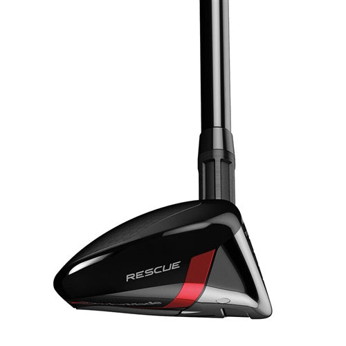 A black and red TaylorMade Stealth Rescue side profile