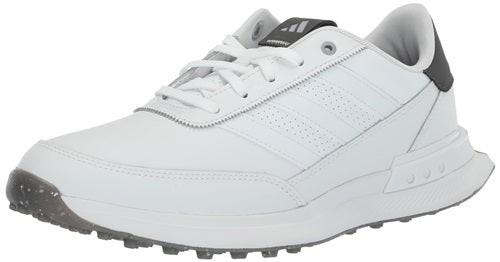 White golf shoe with black sole on a white background