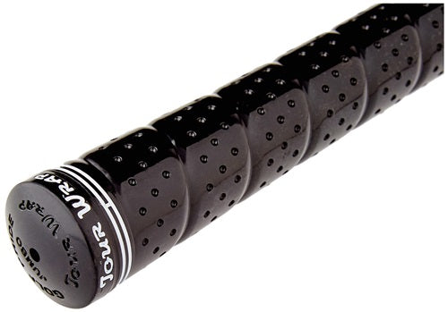 Close-up of a black golf club grip with Golf Pride branding on a white background