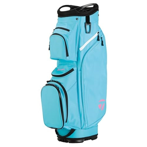 A hero image of a blue TaylorMade golf cart bag on a white background