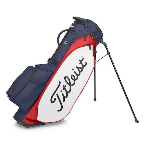 Titleist golf bag with navy, red, and white colors on a white background