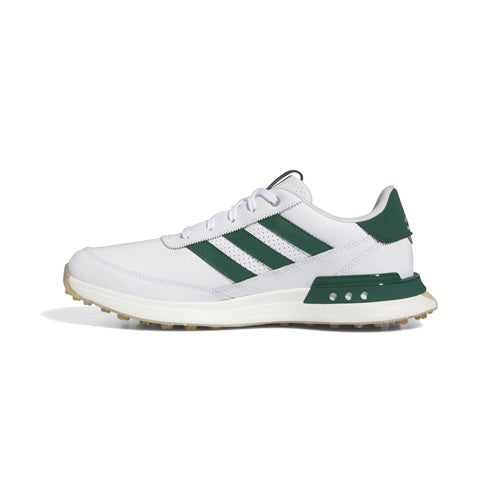 White Adidas sneaker with green stripes on a white background