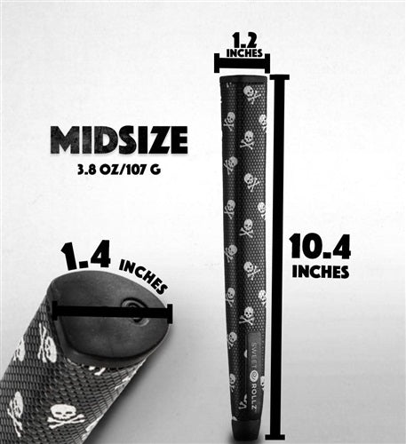 A sizing chart showing the dimensions of a Sweetrollz midsize golf putter grip