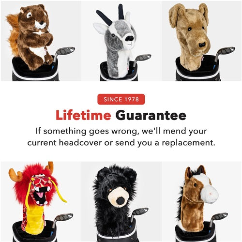 An image with text and various animal themed golf headcovers. The text clarifying the lifetime guarantee of a Daphne's Headcover.