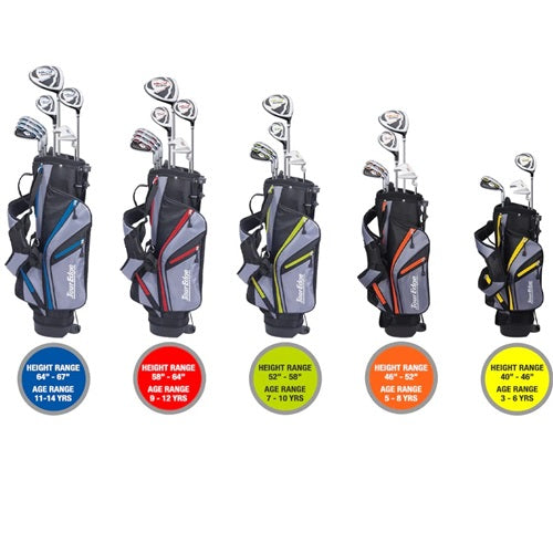 Set of five golf bags with golf clubs and height/age range labels on a white background