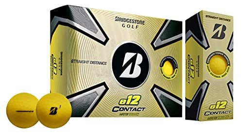 A hero image of Bridgestone e12 Contact Matte Yellow golf balls. Depicting the balls, box, and sleeve.