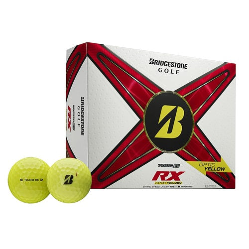 A hero image of Bridgestone Tour B RX Yellow golf balls in box on a white background