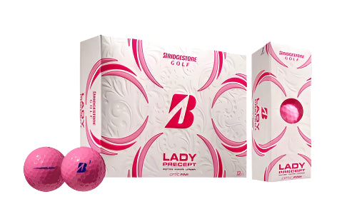 A hero image of Bridgestone Lady Precept Pink golf balls, showing the balls, sleeve, and box on a white background.