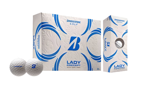 A hero image of Bridgestone Lady Precept golf balls, showing the balls, sleeve, and box on a white background.
