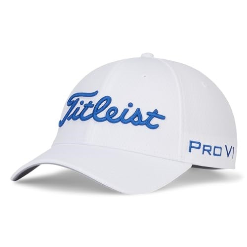 A white Titleist hat with blue "Titleist" and "Pro V1" stitching on a white background