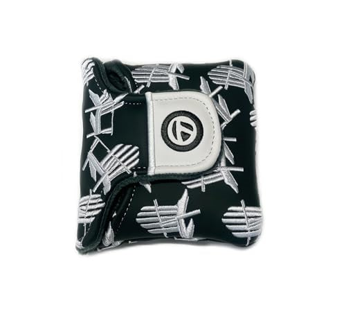 A TaylorMade Limited Edition mallet putter cover with stitched Adirondack chairs on it