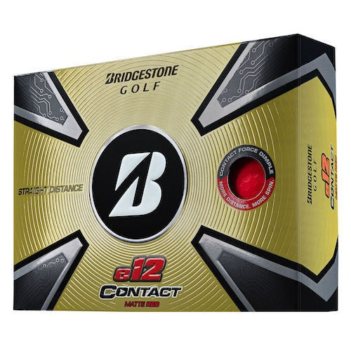 A hero image of Bridgestone e12 Contact Matte Red Golf Balls in box on a white background