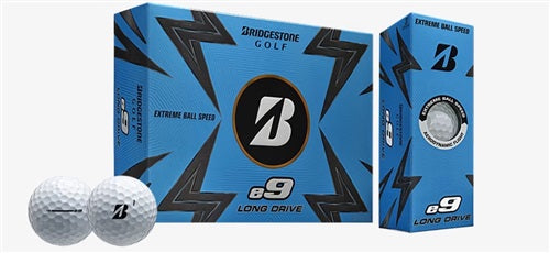 A hero image of white Bridgestone e9 Golf Balls showing the balls, sleeve, and box