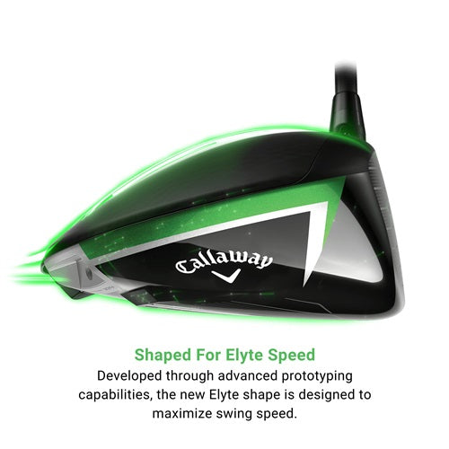 A product description of Callaway Elyte metalwoods. "Shaped for Elyte Speed. Developed through advanced prototyping capabilites, the new Elyte shape is designed to maximize swing"