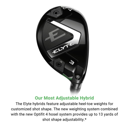 An image with text describing that the Callaway Elyte is Callaways most adjustable hybrid