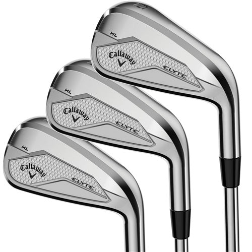 A hero image of three Callaway Elyte Irons stacked on eachother