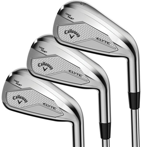 A hero image of three Callaway Elyte Irons stacked on eachother