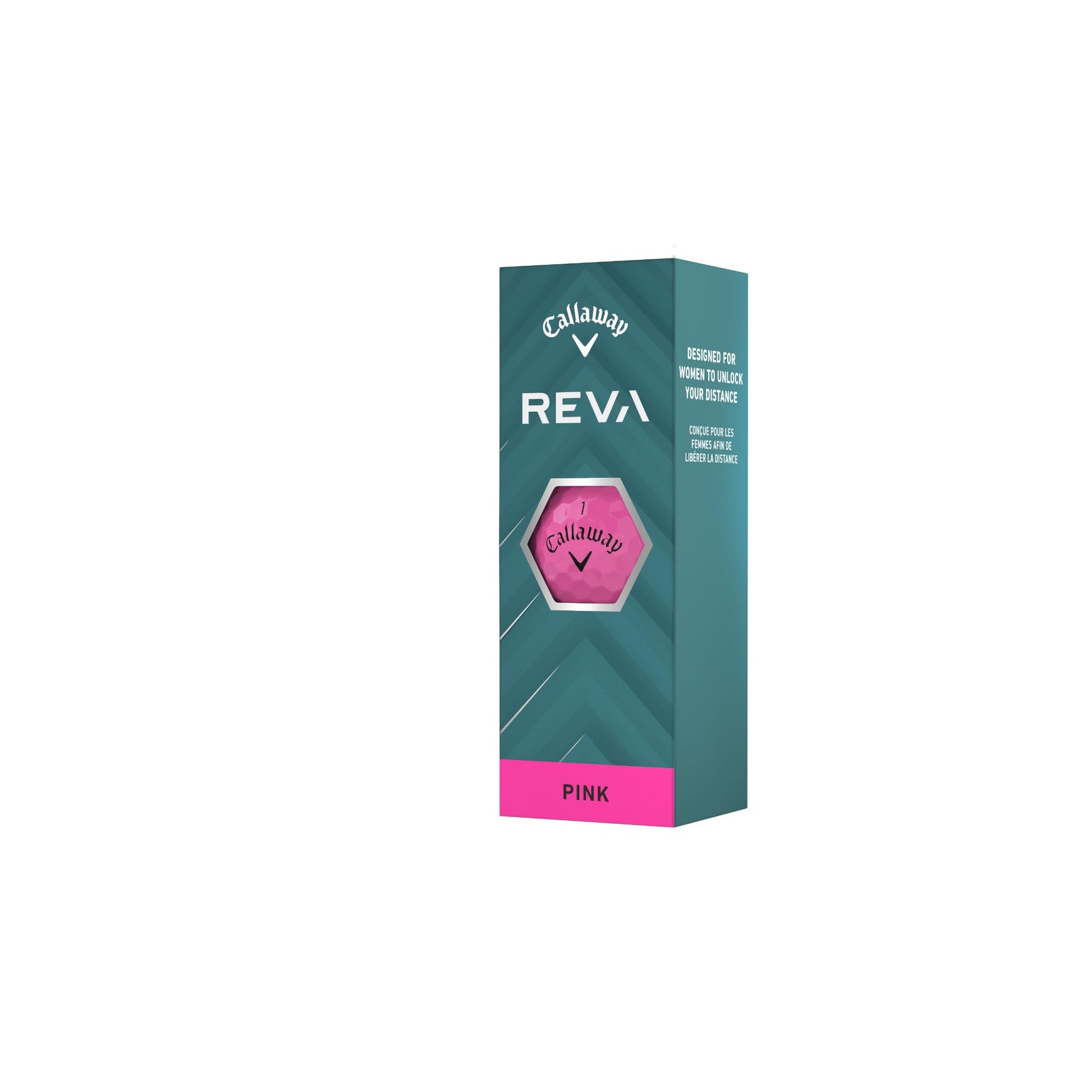 A sleeve of Pink Callaway Reva Golf Balls on a white background