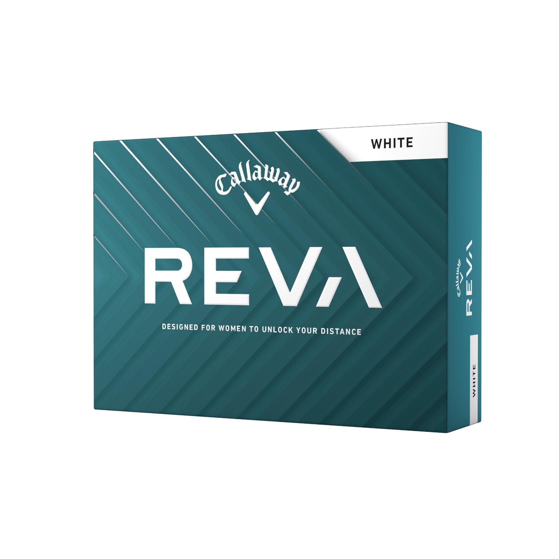 A hero image of white Callaway Reva Golf Ball in box on a white background