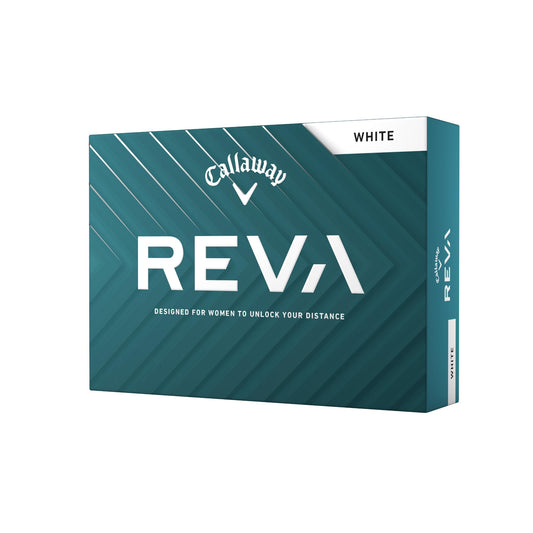 A hero image of white Callaway Reva Golf Ball in box on a white background