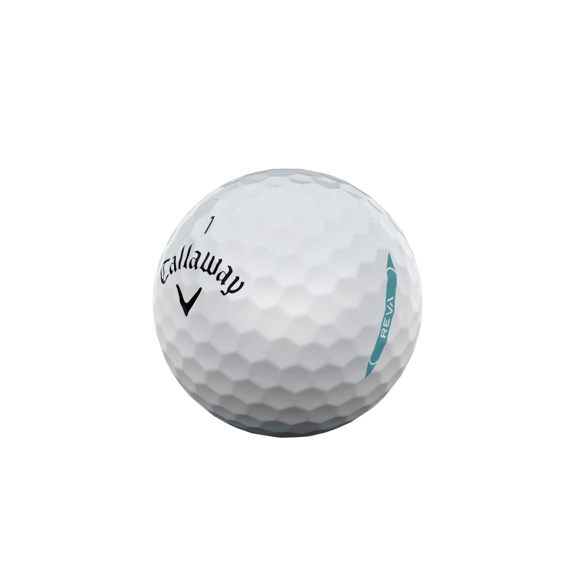 A hero image of a white Callaway Reva Golf Ball on a white background