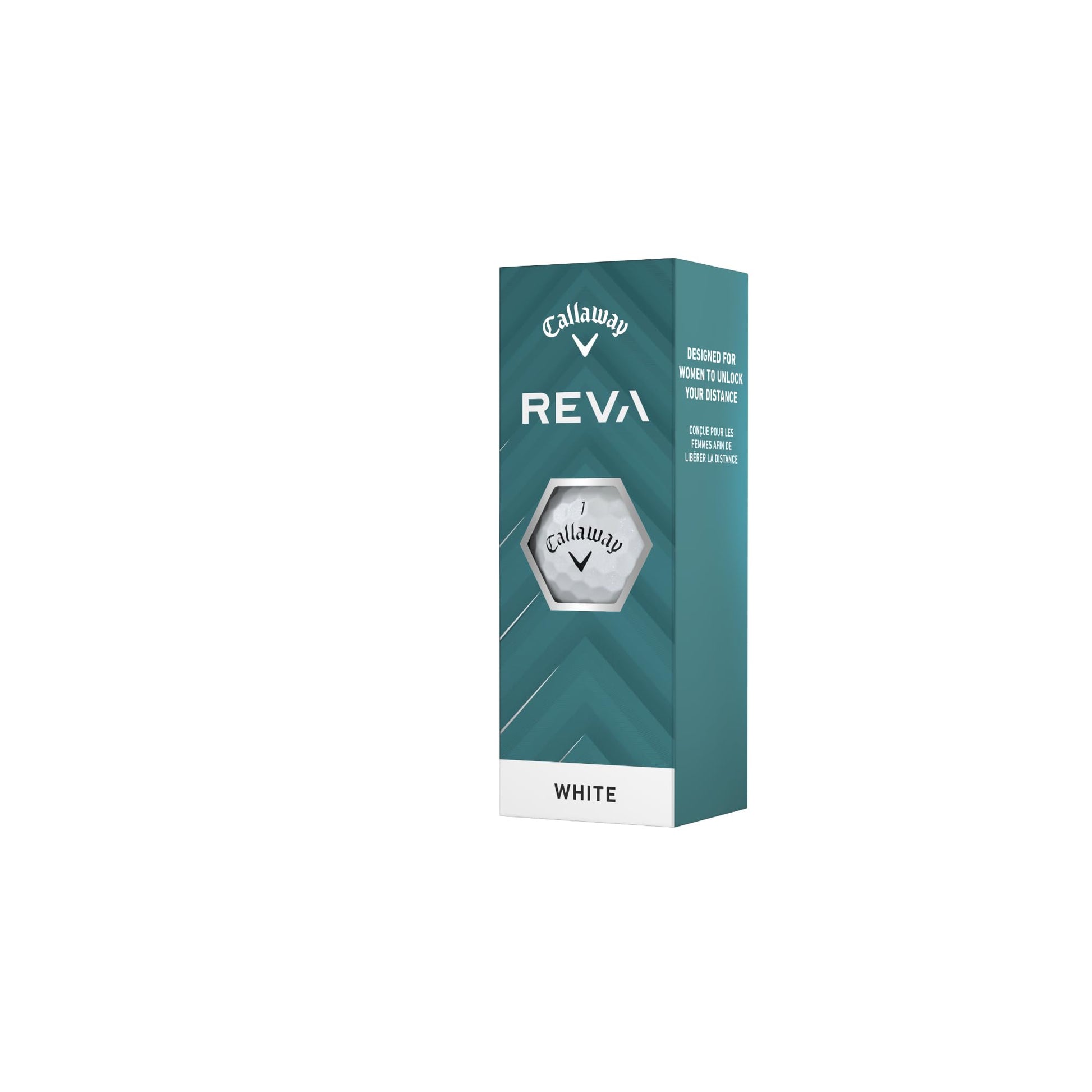 A sleeve of Callaway Reva Golf Balls on a white background