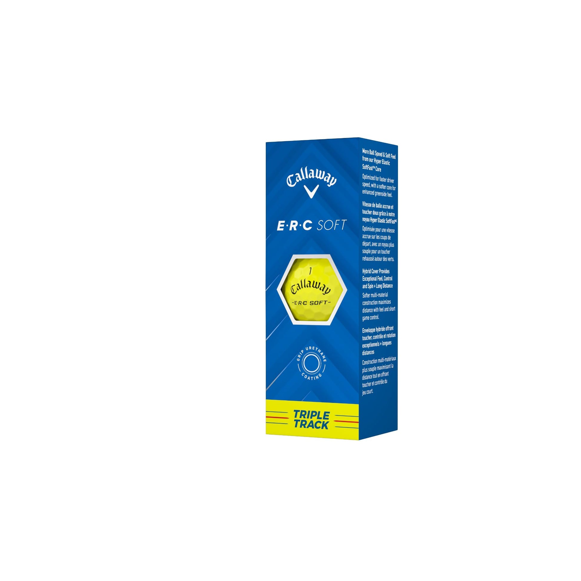 A sleeve of yellow Callaway ERC Soft Triple Track golf balls on a white background