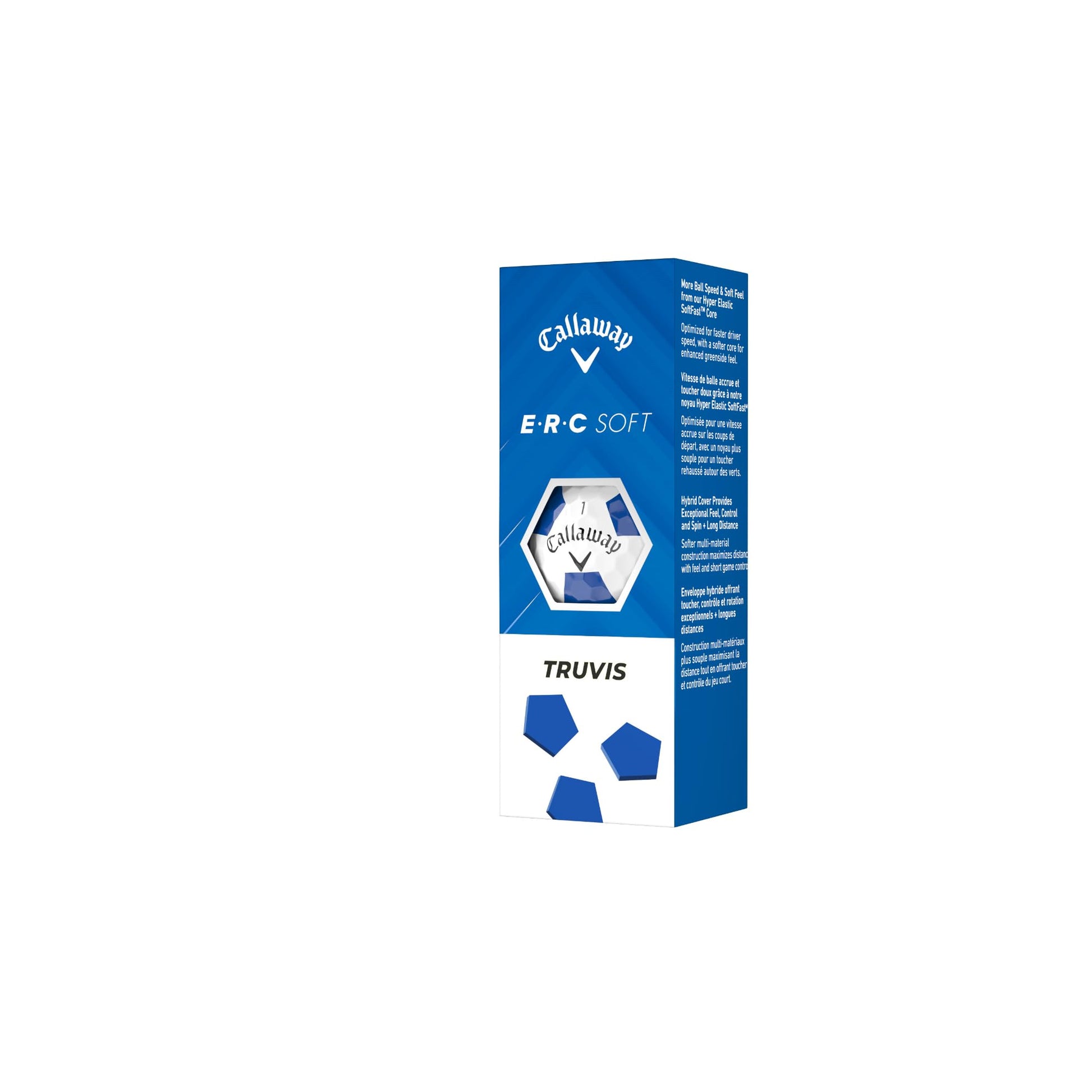 A sleeve of Callaway ERC Soft Truvis Blue Golf Balls on a white background