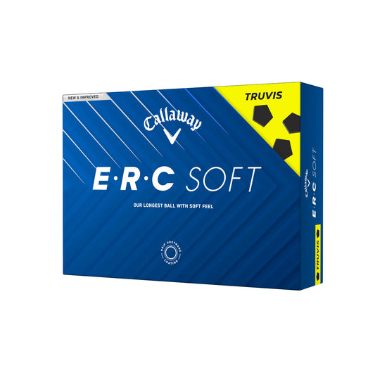 A hero image of a dozen box of Callaway ERC Soft TRUVIS Yellow Golf Balls