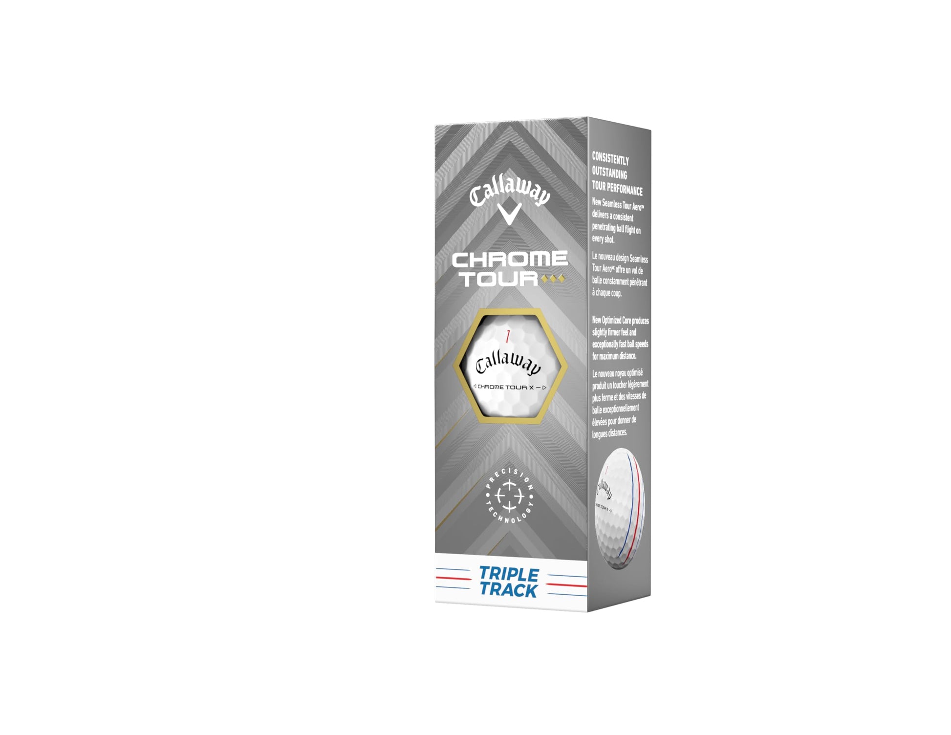 A hero image of a sleeve of Callaway Chrome Tour Triple Diamond Triple Track Golf Balls on a white background