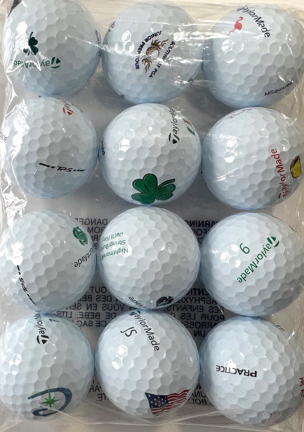A image of one dozen mixed TaylorMade TP5 My Symbol Practice golf balls