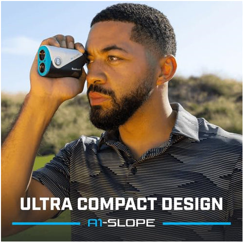 An image of a man using a Bushnell A-1 Slope golf rangefinder on a golf course