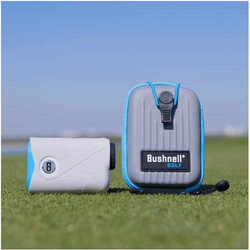 A lifestyle image of the Bushnell A-1 Slope golf rangefinder with case