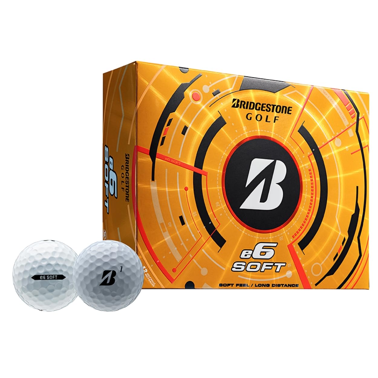 A hero image of Bridgestone e6 Soft golf balls in box on a white background