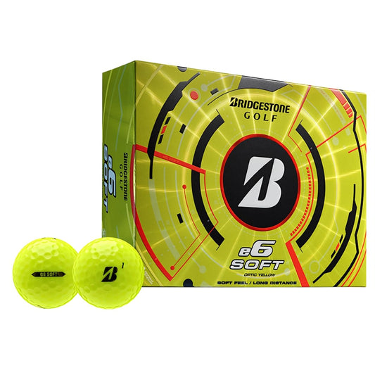 A hero image of Bridgestone e6 Soft optic yellow golf balls on a white background