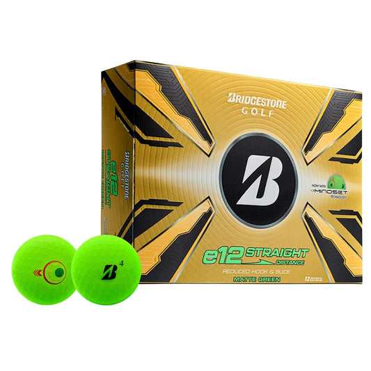 A hero image of Bridgestone e12 Straight Matte Green golf balls in box on a white background
