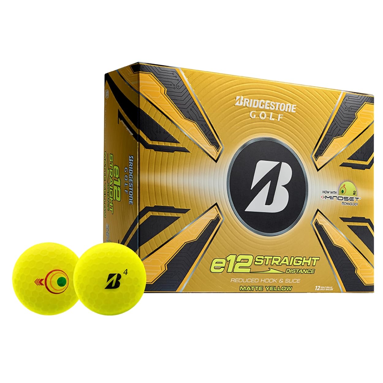 A hero image of the Bridgestone e12 Straight yellow golf balls in box on a white background