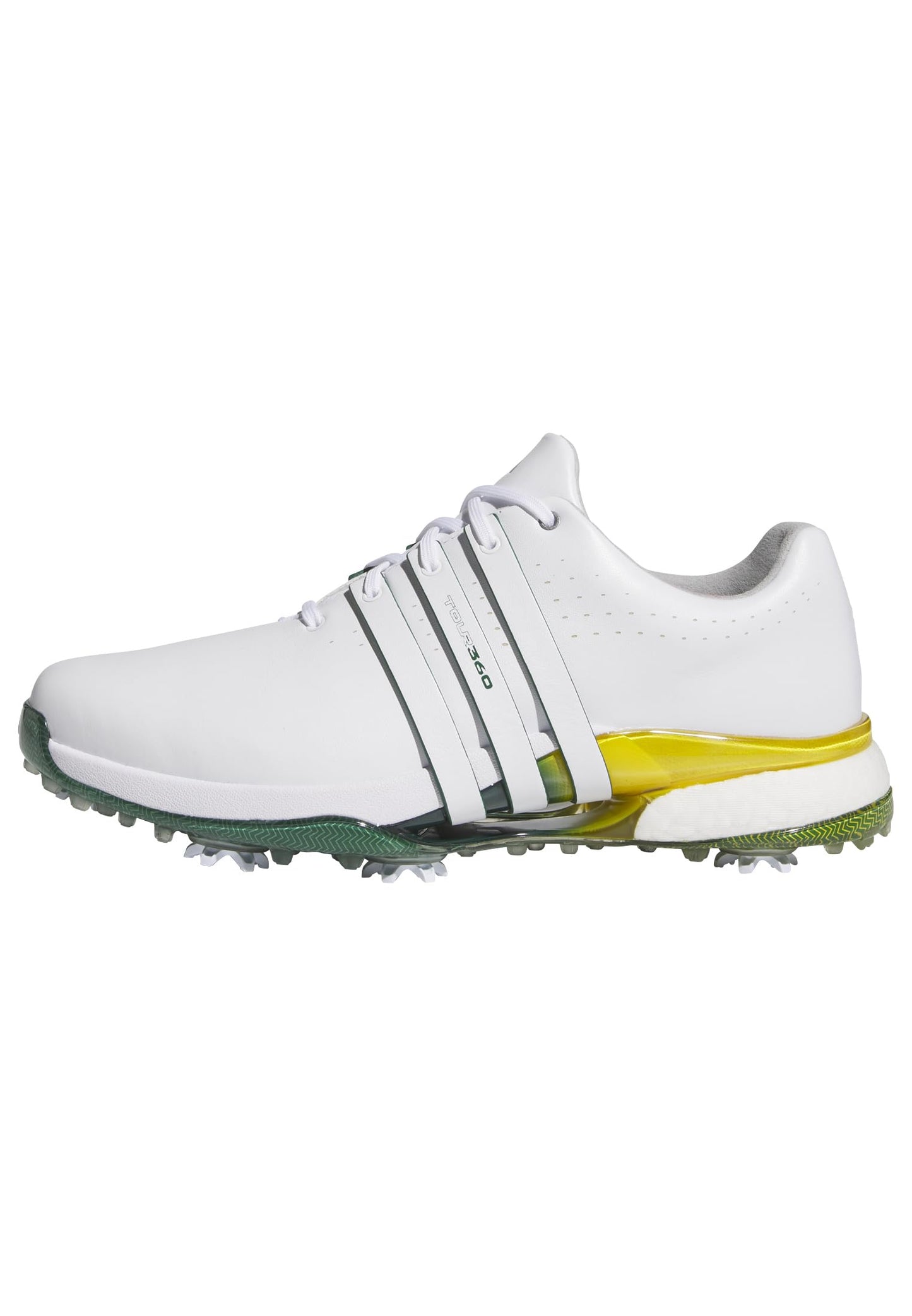White golf shoe with green sole on a white background