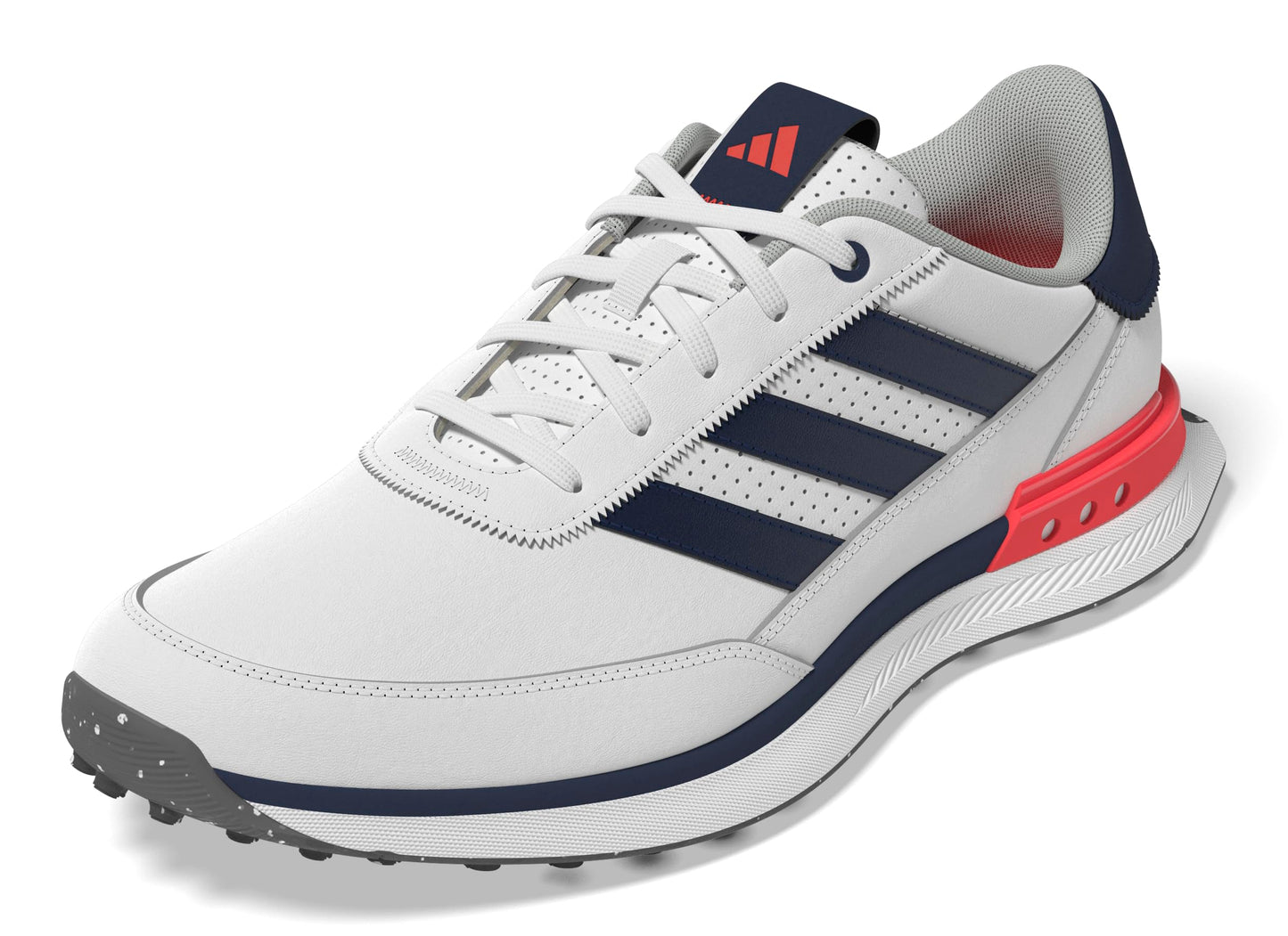 White Adidas golf shoe with blue and red accents on a white background