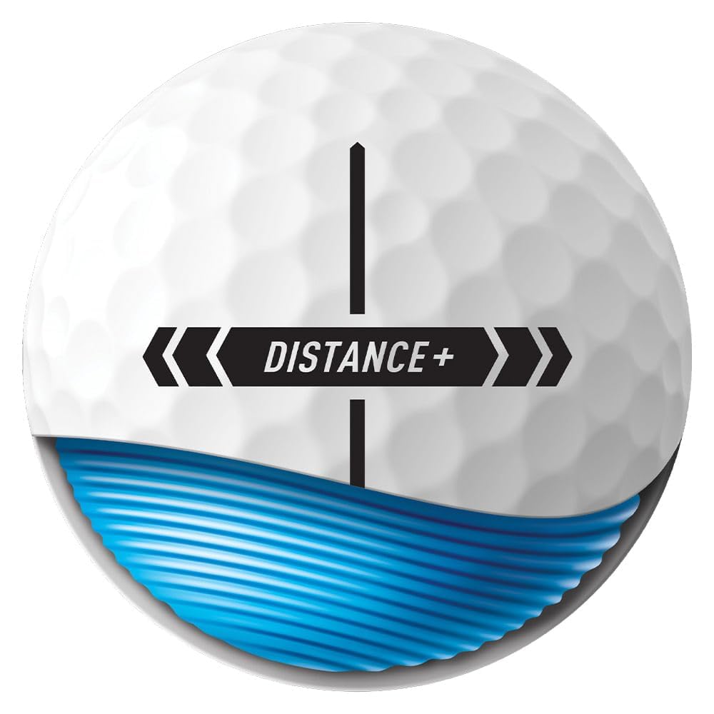 An image of a white TaylorMade Distance Plus golf ball and its alignment line on a white background