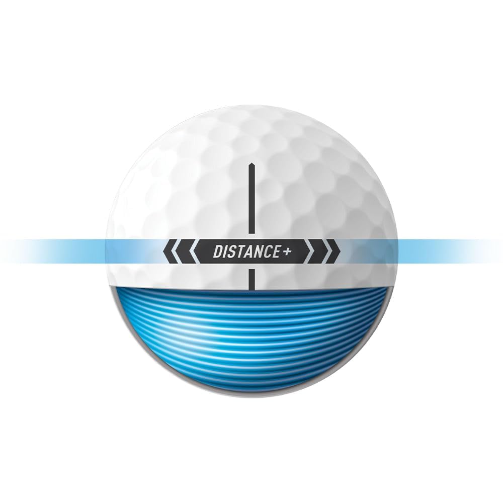 An image of a white TaylorMade Distance Plus golf ball and its alignment line on a white background